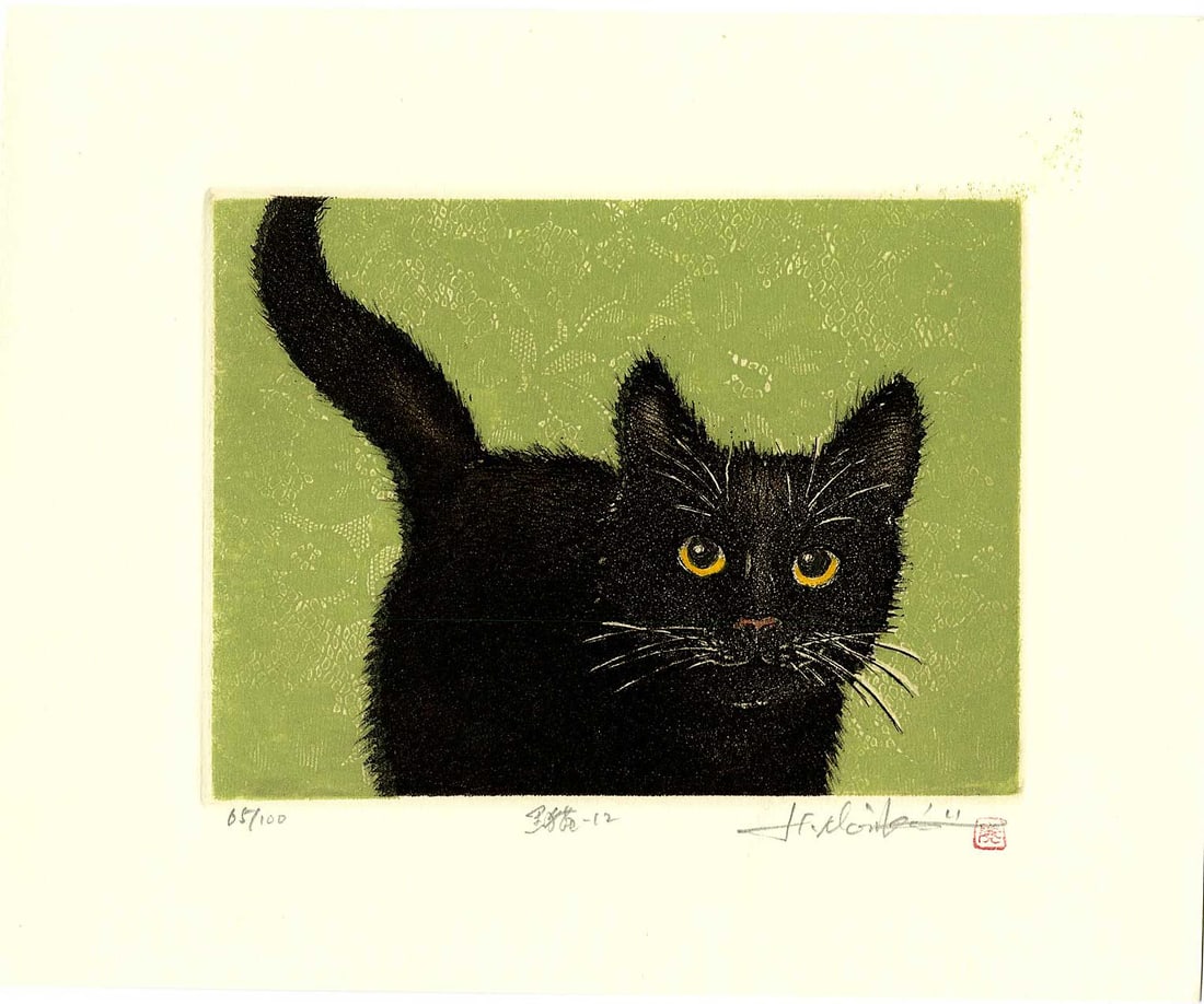 Norikane Hiroto: Black Cat on Green 2011 1st Ed Mezzotint NR (1 of 2)