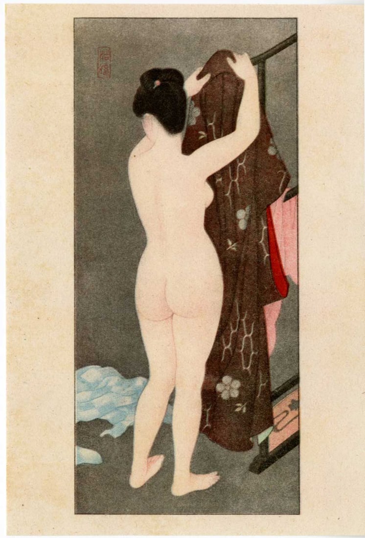 Shinsui Ito: Hanging Her Kimono Shunga NR: Japanese Lithograph, Taisho/early-Showa era 1920-30s, Publisher unknown. SIZE IN INCHES: koban, 5 x 7.25 inches COMMENTS: Taisho era Ito Shinsui lithograph from a set titled "Fragrant Beauties" ITO SH