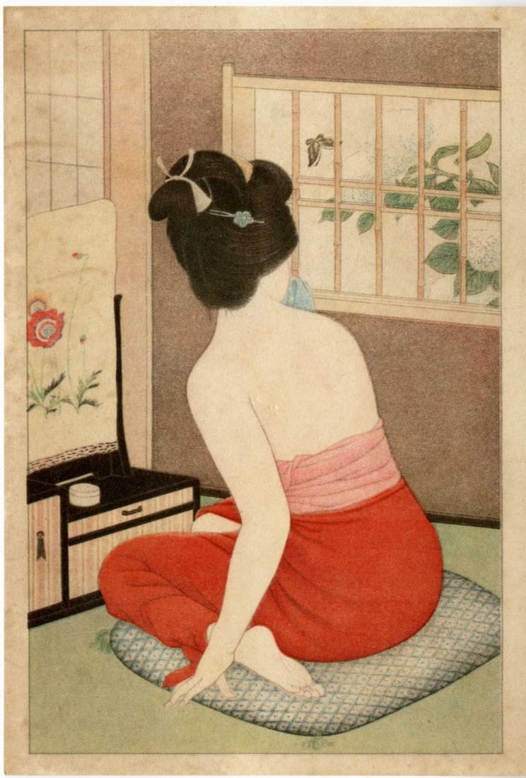 Shinsui Ito: Woman at Her Dressing Table Shunga NR: Japanese Lithograph, Taisho/early-Showa era 1920-30s, Publisher unknown. SIZE IN INCHES: koban, 5 x 7.25 inches COMMENTS: Taisho era Ito Shinsui lithograph from a set titled "Fragrant Beauties" ITO SH