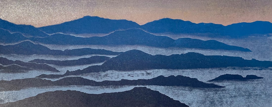 Hirose Takashi: Sea of Clouds 1st Ed Woodblock: Japanese Woodblock Print, undated (c.2000) pencil signed, titled and numbered 8/100 in the bottom margin SIZE IN INCHES: 17 x 7.75 inches COMMENTS: Subtle use of mica inks throughout (see photos).