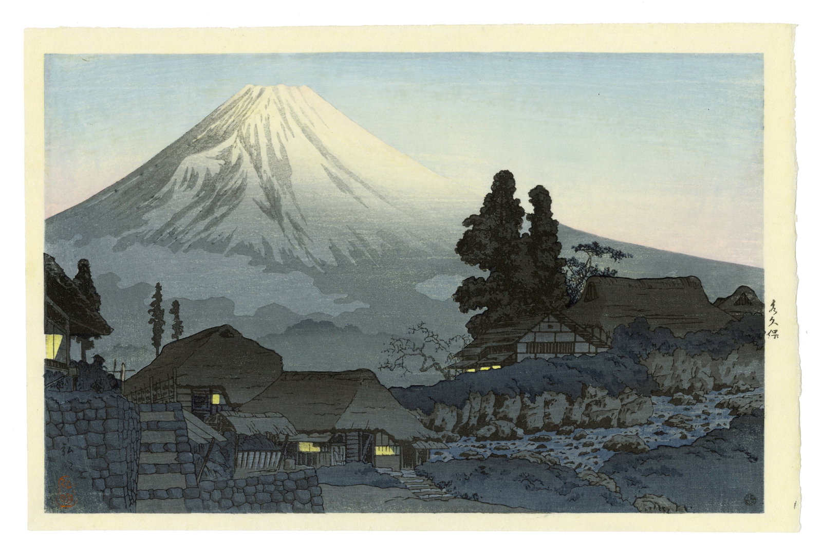 Shotei Takahashi: Fuji from Mizukubo 1936 Woodblock NR: Japanese Woodblock Print, 1936, Round Watanabe 6mm seal; post-war impression SIZE IN INCHES: 14 x 10.125 inches TAKAHASHI SHOTEI (1871-1945) was born in Tokyo with the given name of Takahashi Katsutar