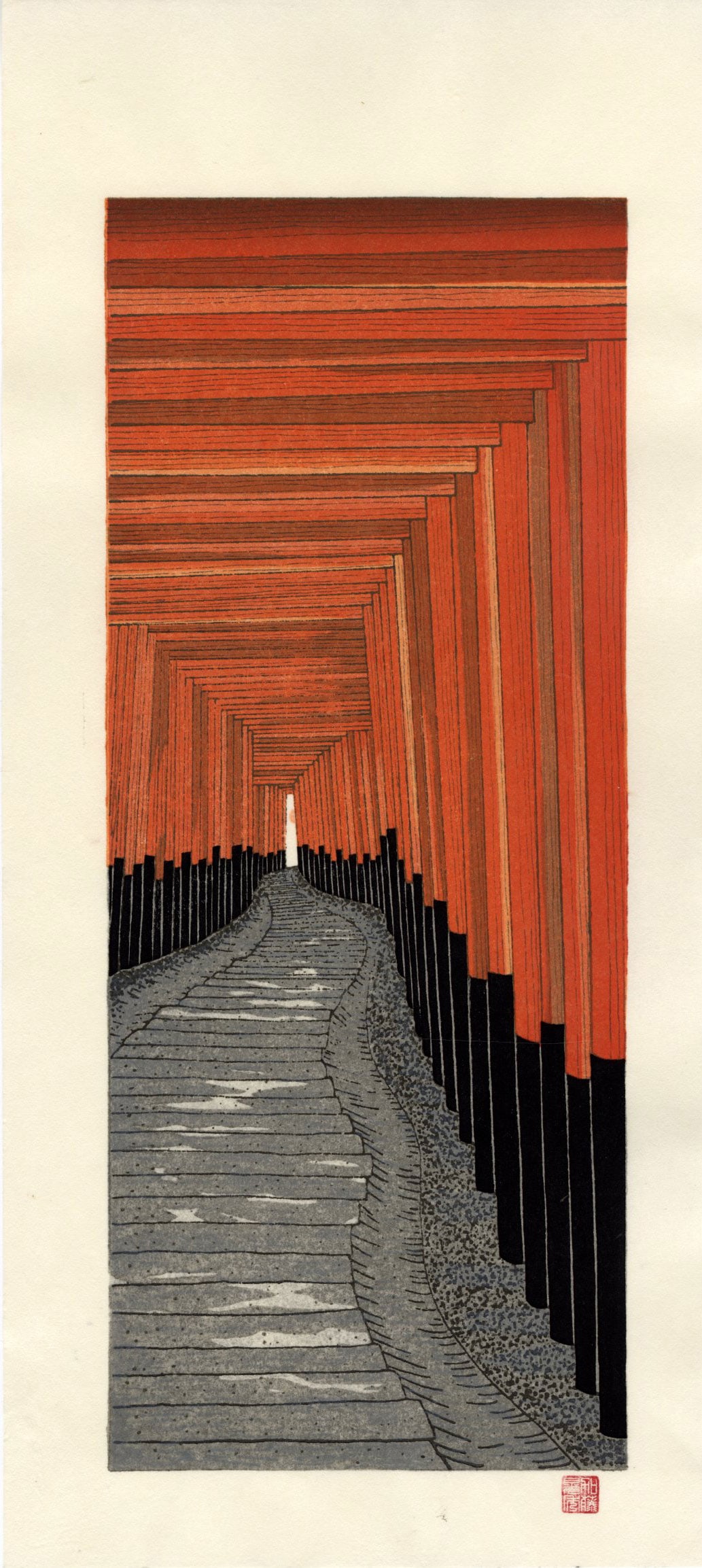 Teruhide Kato: One Thousand Torii Gates 1999 Woodblock: Japanese Woodblock Print, 1995, published by Unsodo SIZE IN INCHES: 7 x 15.25 inches FUSHIMI INARI SHRINE is an important Shinto shrine in southern Kyoto. It is famous for its thousands of vermilion t