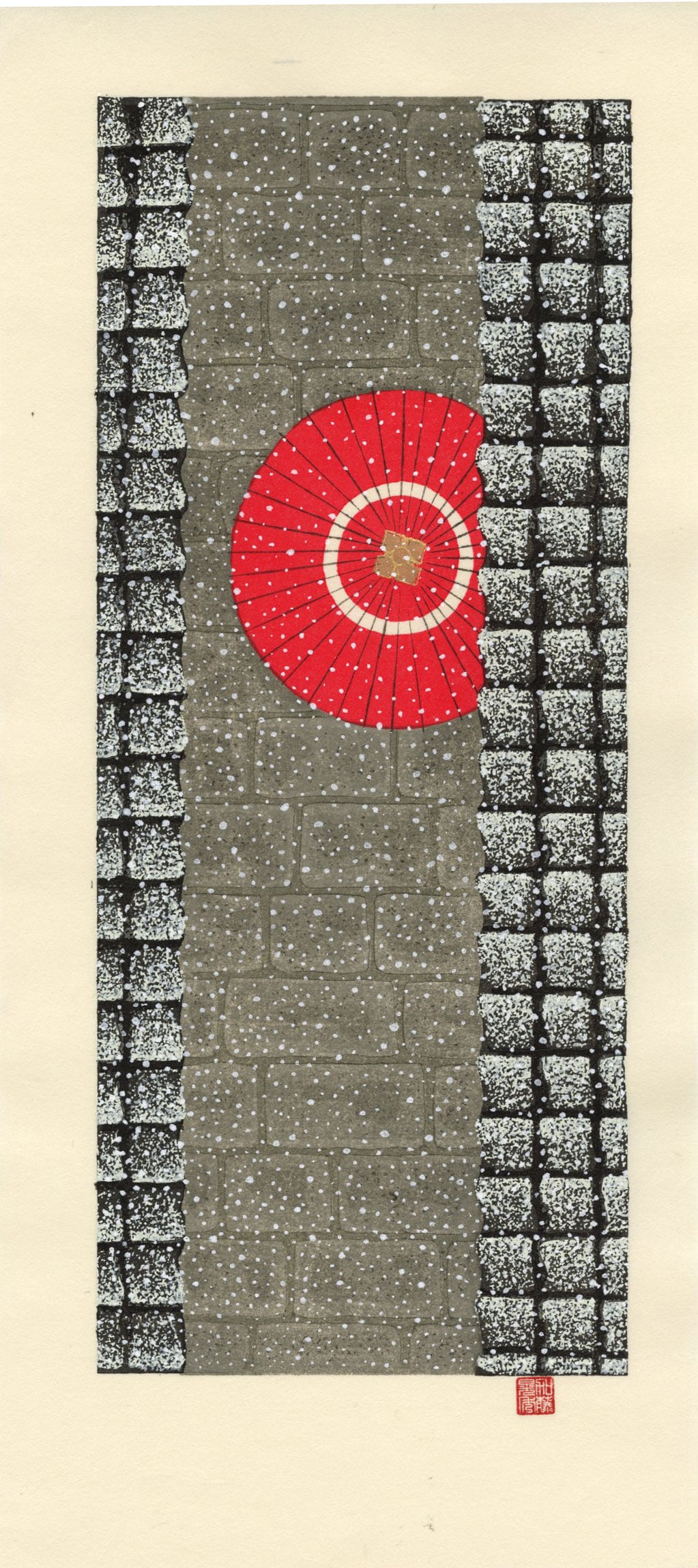 Teruhide Kato: Gion Umbrella in Snow 1999 Woodblock (1 of 2)