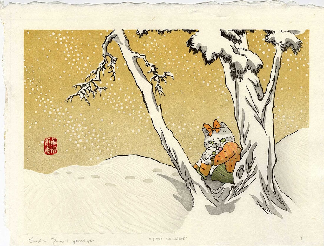Yani Yu: Under the Snow Woodblock: Japanese Woodblock Print, undated, published by Kinako SIZE IN INCHES: chuban, 11.5 x 8.75 inches COMMENTS: This print is a collaboration as unexpected as it is imposssible: tat of illustrator Yani Yu