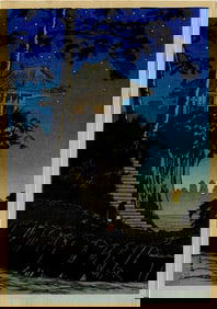 Shotei Takahashi: Moonrise at Tokumochi 1936 Woodblock NR