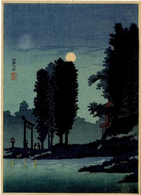 Shotei Takahashi: Moonrise at Shrine 1936 Woodblock NR