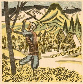 Senpan Maekawa: Mountain Man Cutting Kindling 1942 Woodblock