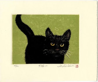 Norikane Hiroto: Black Cat on Green 2011 1st Ed Mezzotint NR