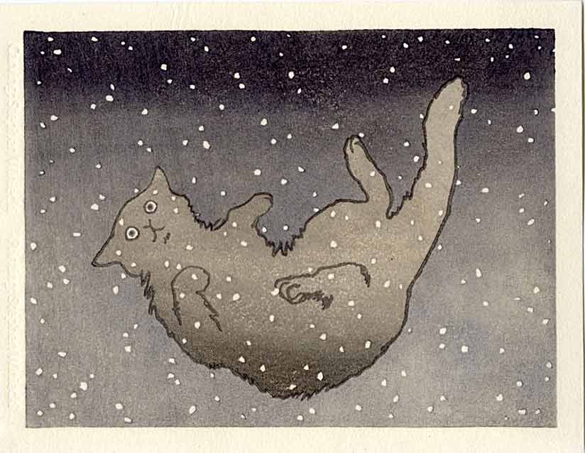 Nicolas Nemiri: Cat Falling in Snow (Gray) Woodblock: Woodblock Print, undated contemporary print, not signed SIZE IN INCHES: 5.5 x 4.25 COMMENTS: Cats have an inbuilt balancing system called the “righting reflex” that allows them to orient thems