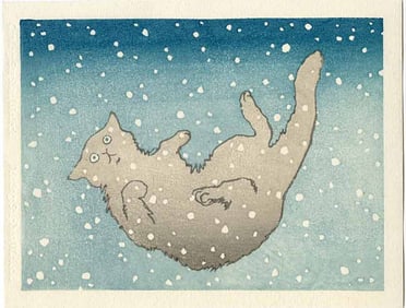 Nicolas Nemiri: Cat Falling in Snow (Blue) Woodblock