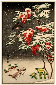 Koson Ohara (after): Sparrows and Nandine Woodblock NR