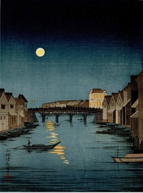 Kiyochika Kobayashi: Nihonbashi at Night 1930s Woodblock