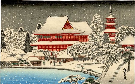 Hiroshige Ando: Temple Complex in Snow Woodblock