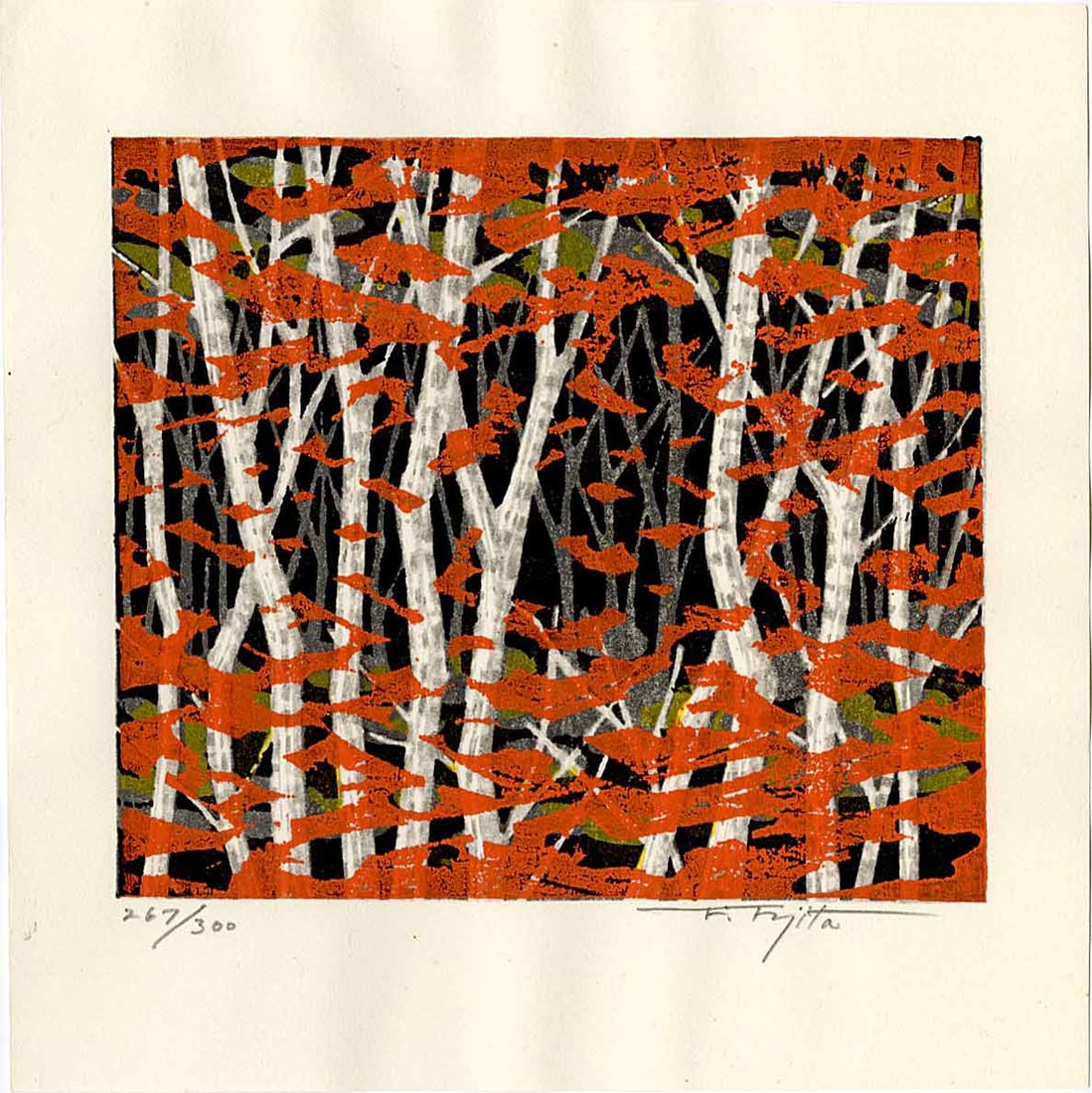 Fujita Fumio: Autumn 1990 1st Ed Woodblock: Japanese Woodblock Print, 1990, 1st edition, pencil signed and numbered 267/300 by Fujita SIZE IN INCHES: 8 x 8 inches COMMENTS: Perhaps Fujita Fumio's most coveted design FUJITA FUMIO (b. 1933) was b