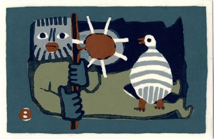 Azechi Umetaro: Relining Man, Sun, Bird 1960s Woodblock NR