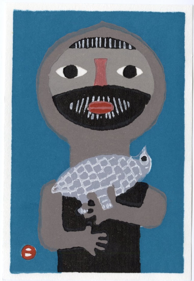 Azechi Umetaro: Mountain Man Holding Bird Woodblock NR (1 of 2)