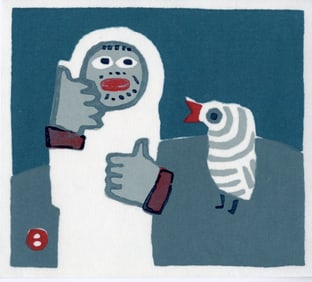 Azechi Umetaro: Mountain Man & Bird Woodblock