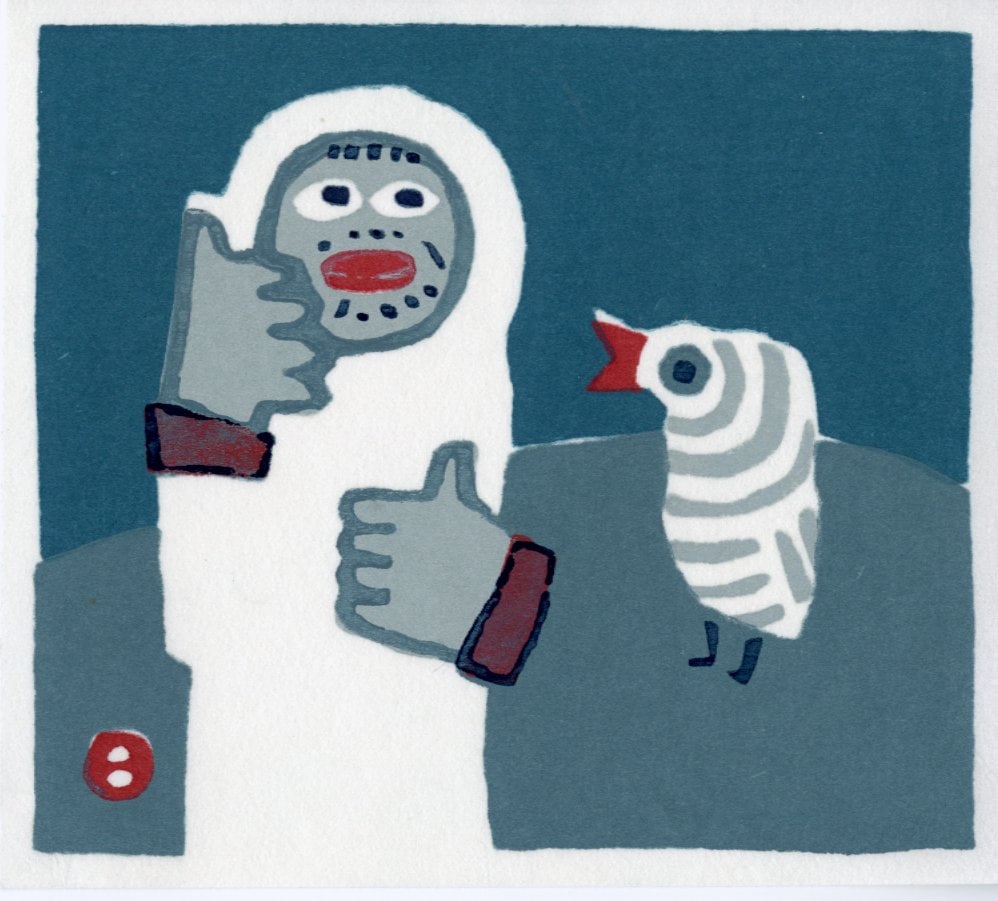 Azechi Umetaro: Mountain Man & Bird Woodblock (1 of 2)