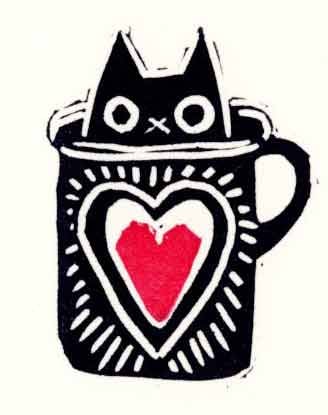A. Braff: Cat in a Coffee Cup Woodblock: Woodblock Print, undated, self-published by A. Braff, pencil signed on the verso SIZE IN INCHES: 7 x 5 inches
