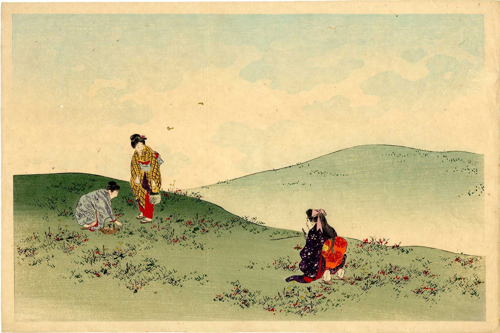 Arai Yoshimune: Women Gathering Mushrooms 1930 Woodblock NR: Japanese Woodblock Print, 1930, published by Nishinomiya SIZE IN INCHES: oban, 15 x 10 inches COMMENTS: Rarely seen design. ARAI YOSHIMUNE (1863-1941) was the eleventh and youngest son of Utagawa Yosh