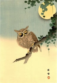 Bairei Kono: Owl and Full Moon 1920s Woodblock