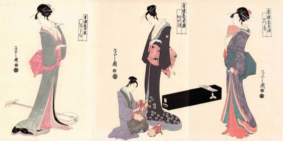 Eishi Chobunsai: The Geisha Itsutomi Triptych Woodblock