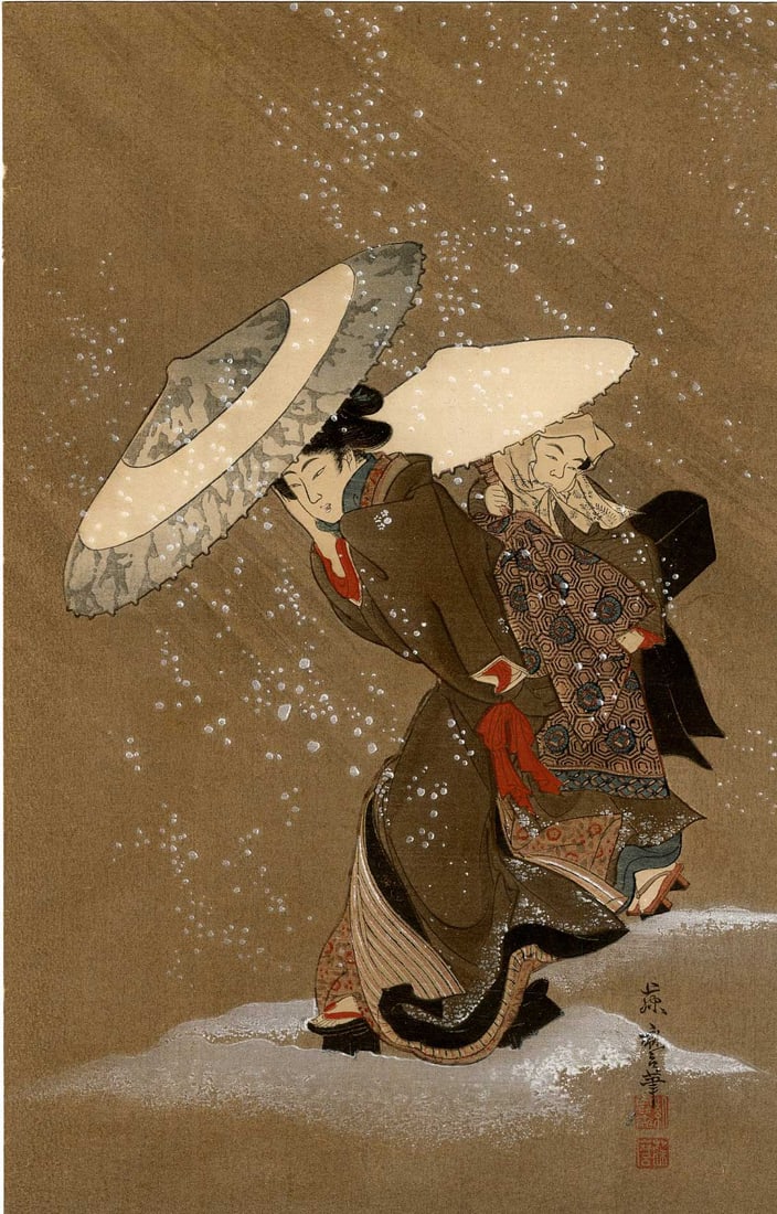 Fujimaro Kitagawa: Outing in the Snow Woodblock: Japanese Woodblock Print, originally c.1800 this one is a re-carved edition made in 1924 by Nishinomiya SIZE IN INCHES: chuban, 7.5 x 12 inches COMMENTS: Two shamisen players are walking outside durin