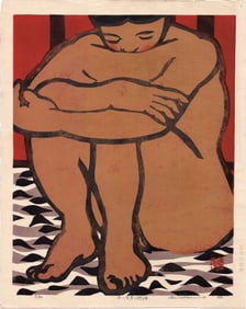Hashimoto Okiie: Seated Nude 1982 1st Ed Woodblock XL
