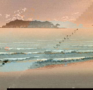 Hasui Kawase: Shichiri Beach Woodblock: Japanese Woodblock Print, originally published 1935 by Kato Junji, this later edition published by Takashi from the original block set, from the series Twelve Scenes of Famous Places, full title is Sh