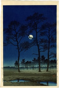 Hasui Kawase: Toyamagahara Winter Moon 1931 1st Ed Woodblock