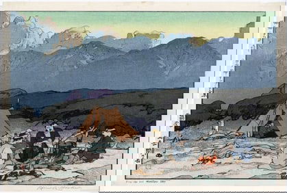 Hiroshi Yoshida -- Camping, Kitadake and Manotake 1928 Woodblock NR