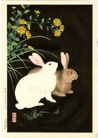 Hodo Nishimura: Two Rabbits at Night 1938 1st Ed Woodblock