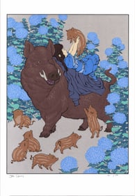 Jed Henry: Boar and Hydrangeas Silver Screen Print NR