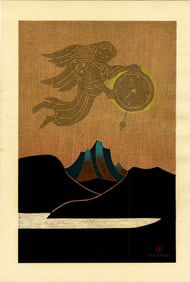 Kanamori Yoshio: Clock God and Mountain Lake Woodblock