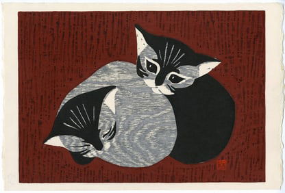 Kaoru Kawano -- Two Cats (Kittens) 1950s Woodblock