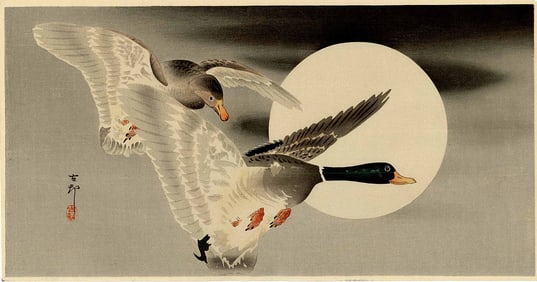 Koson Ohara: Mallard Ducks and Full Moon 1920s Woodblock NR