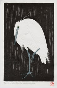 Ohara Koson (after): Egret in Rain at Night Woodblock NR