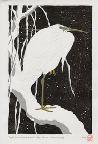 Ohara Koson (after): Egret on a Snowy Branch Woodblock NR