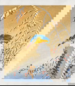 Ohara Koson (after): Kingfisher on a Stump Woodblock NR