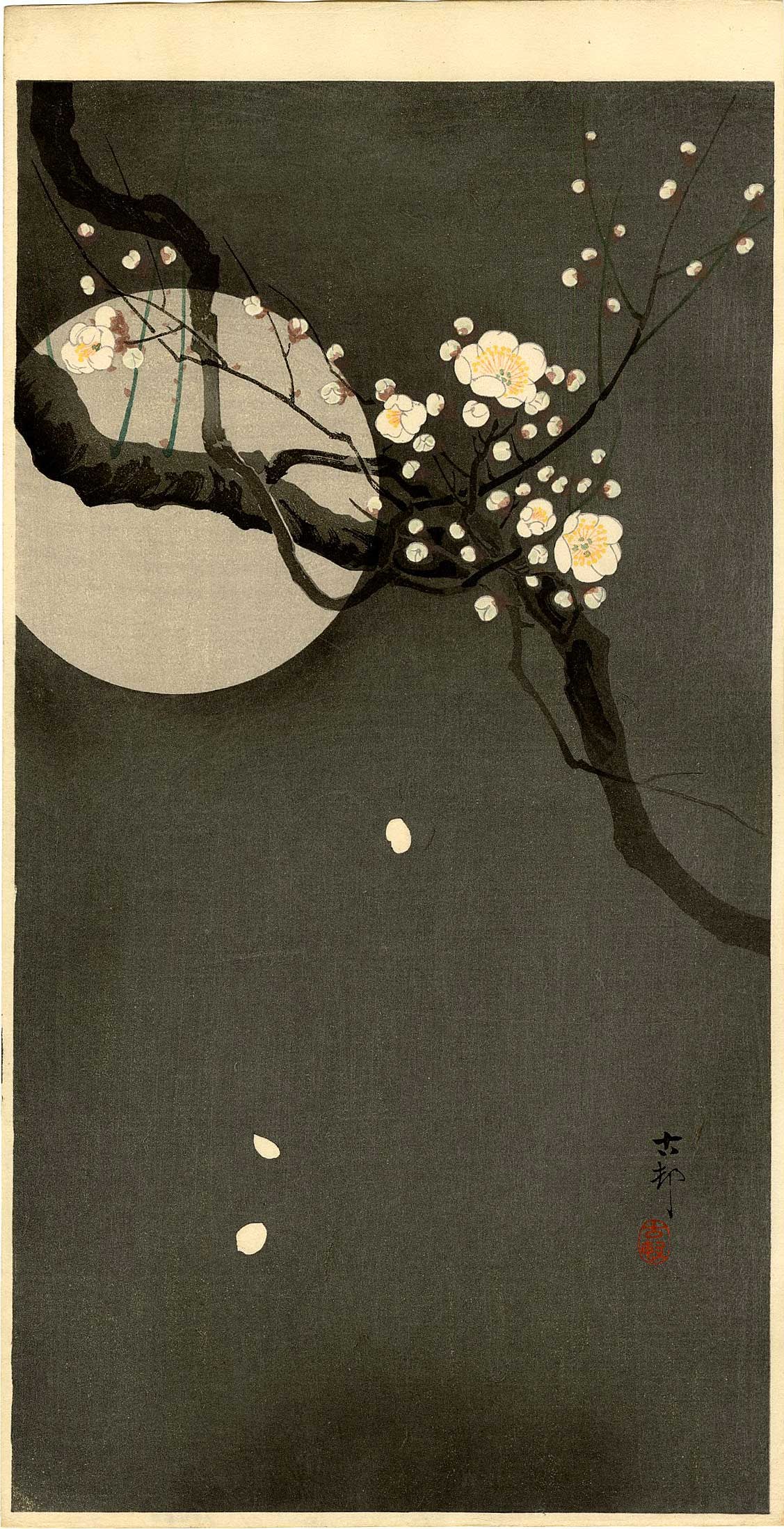Ohara Koson: Full Moon and Blossoms 1920s Woodblock (1 of 2)