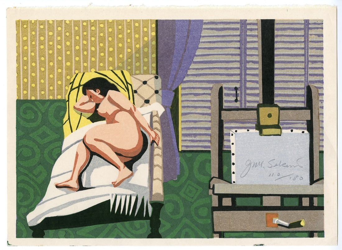 Sekino Junichiro -- Nude on a Bed 1984 1st Ed. Woodblock NR: Japanese Woodblock Print, 1984, self-published, pencil signed and numbered 110/180 SIZE IN INCHES: oban, 15 x 10.75 inches JUNICHIRO SEKINO (1914-1988) was born in Aomori city (northern Honshu). In hi