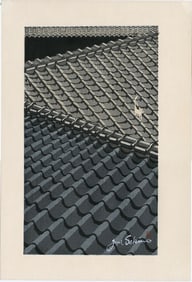 Sekino Junichiro -- White Cat on Roof Woodblock