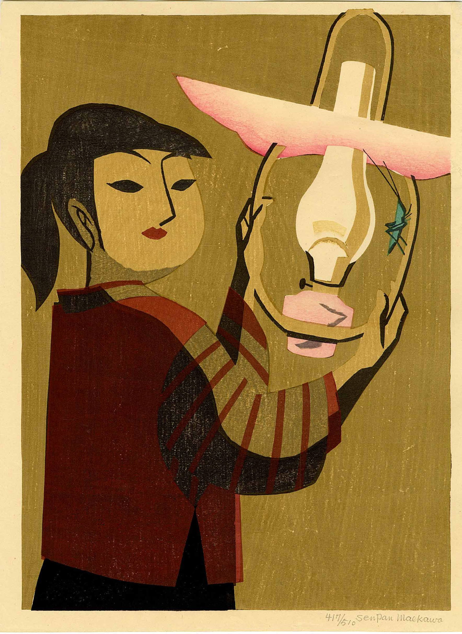 Senpan Maekawa: Lamp 1959 1st Ed Woodblock NR: Japanese Woodblock Print, 1959, 1st edition, self published, pencil signed, and numbered 212/510 SIZE IN INCHES: oban, 11.75 x 16.25 inches COMMENTS: Included in the book "The Modern Japanese Print, A