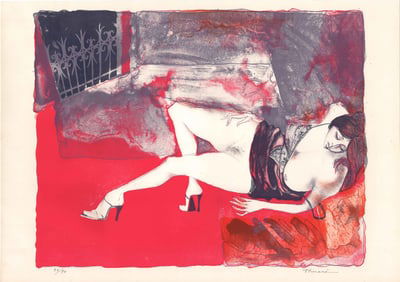 Shirane Mitsuo: Reclining Nude (Red) 1979 Lithograph