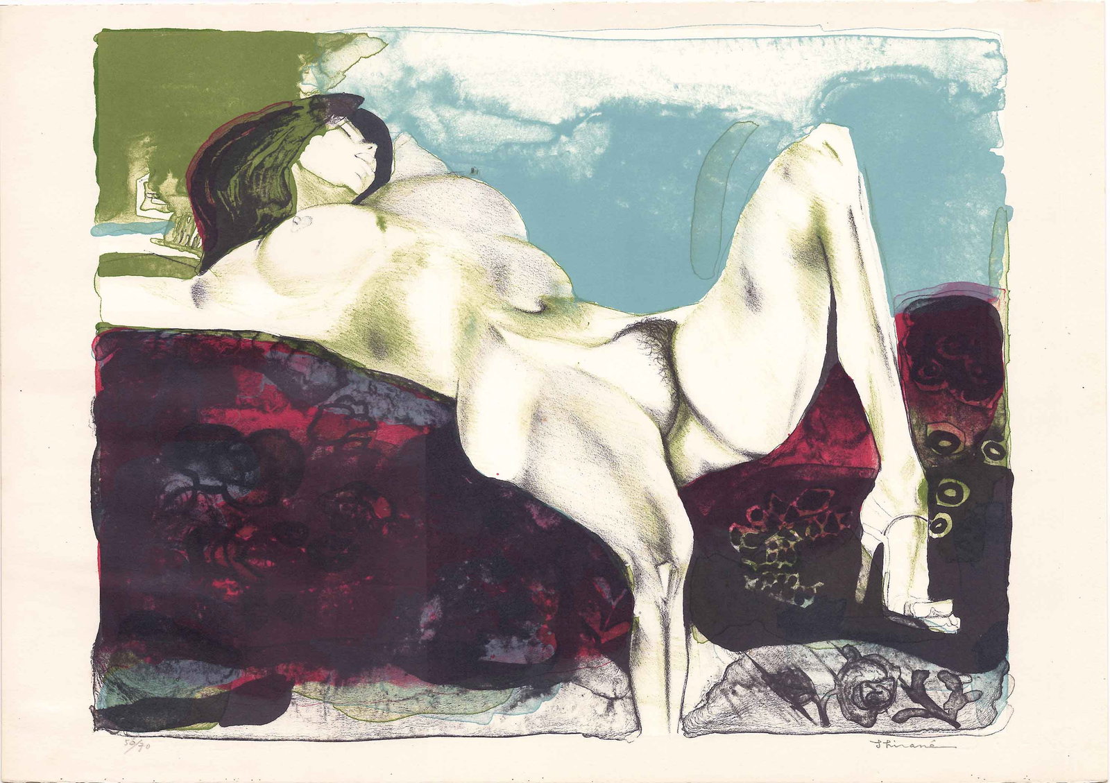 Shirane Mitsuo: Reclining Nude 1979 Lithograph: Japanese Erotic Lithograph Print, 1979, pencil signed and numbered 56/70 SIZE IN INCHES: 19.5 x 14 inches