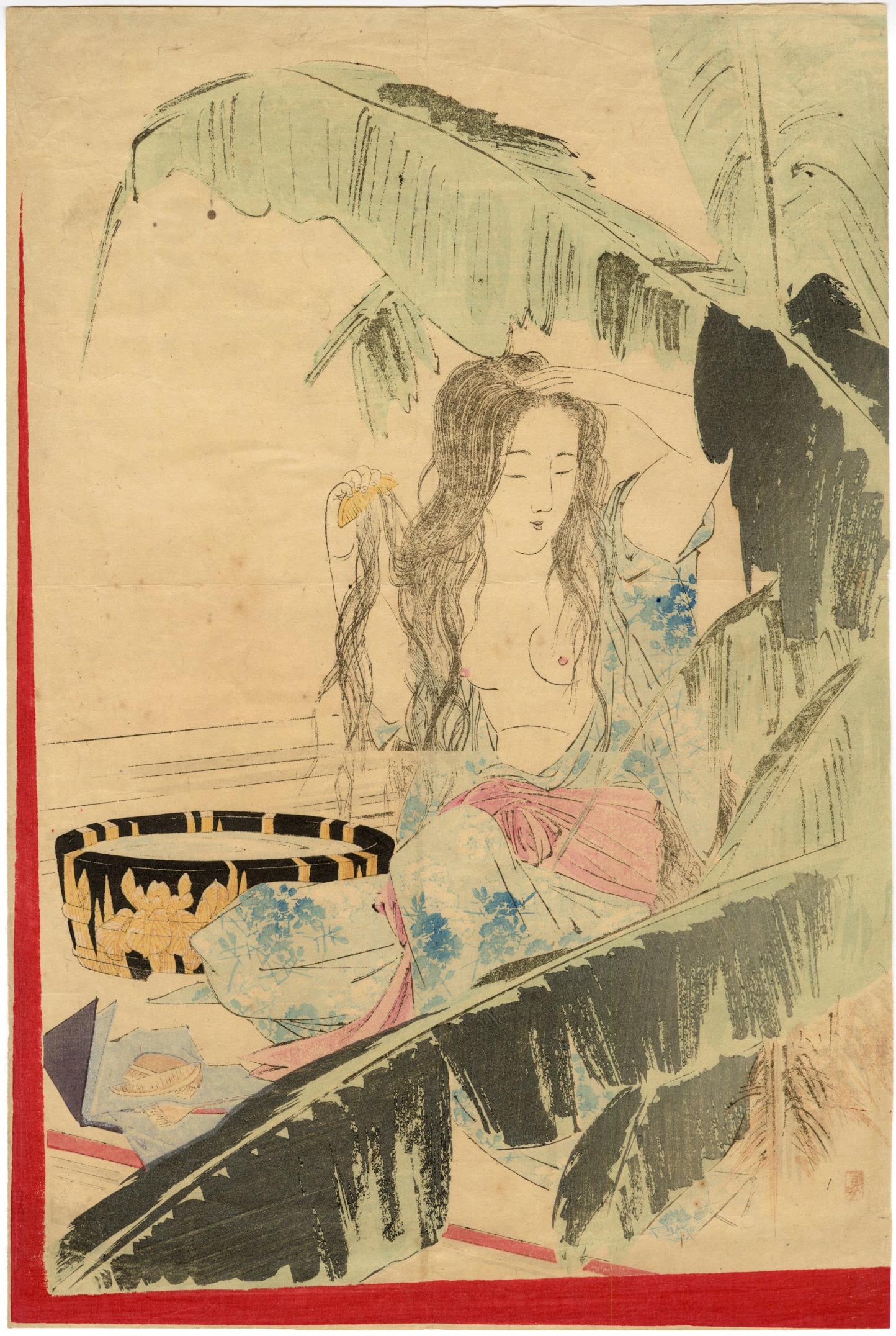 Shoso Mishima: Beauty and Banana Tree 1906 Woodblock: Japanese Woodblock Print, 1906, published by Bungei Kurabu SIZE IN INCHES: 9.5 x 14.25 inches MISHIMA SHOSO (1856-1928) was a nihonga painter and print designer active during the Meiji period. Born in
