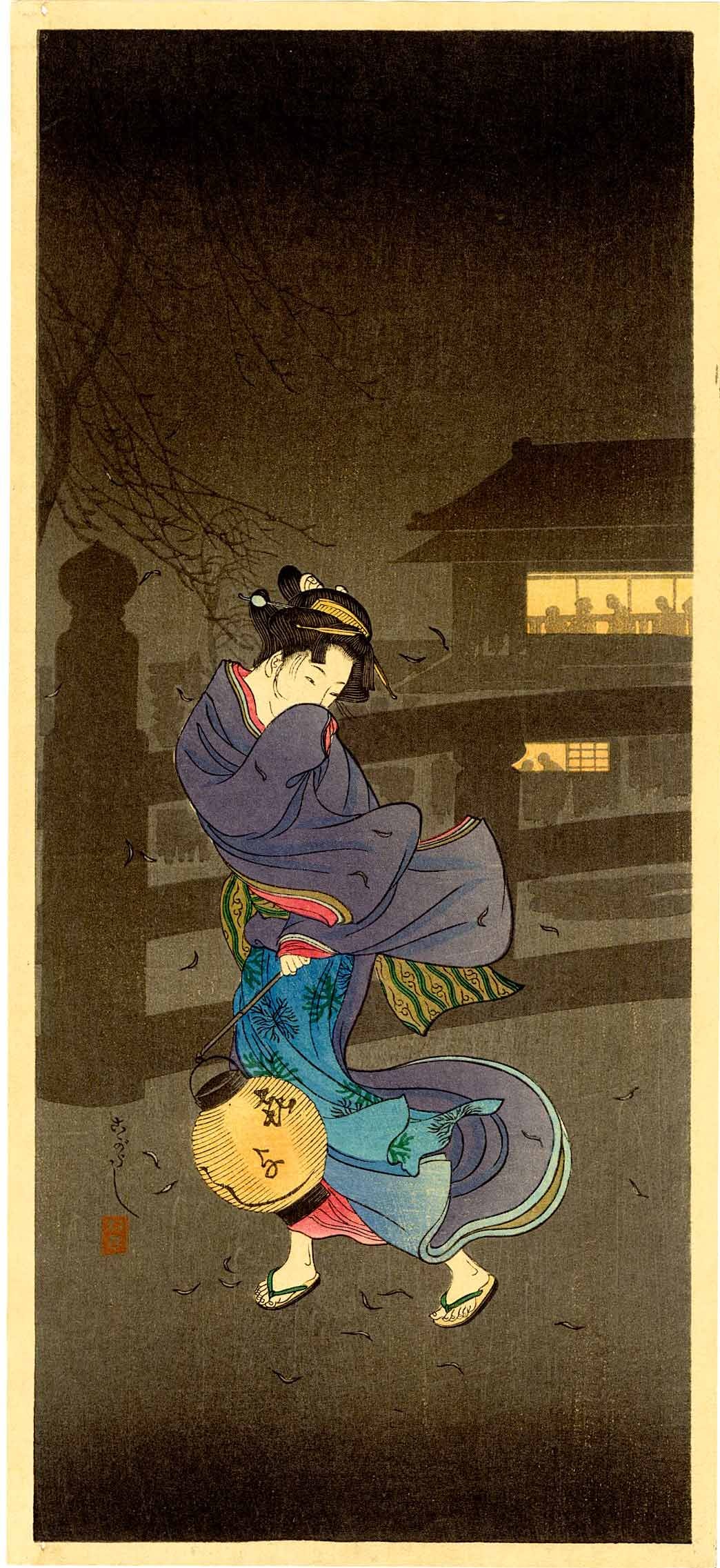 Shotei Takahashi: Cold Winter Wind 1930s Woodblock NR: Japanese Woodblock Print, 1930s, published by Shozaburo Watanabe SIZE IN INCHES: ohosoban, 6.75 x 15.25 inches PROVENANCE: From the Robert O. Muller estate. TAKAHASHI SHOTEI (1871-1945) was born in To