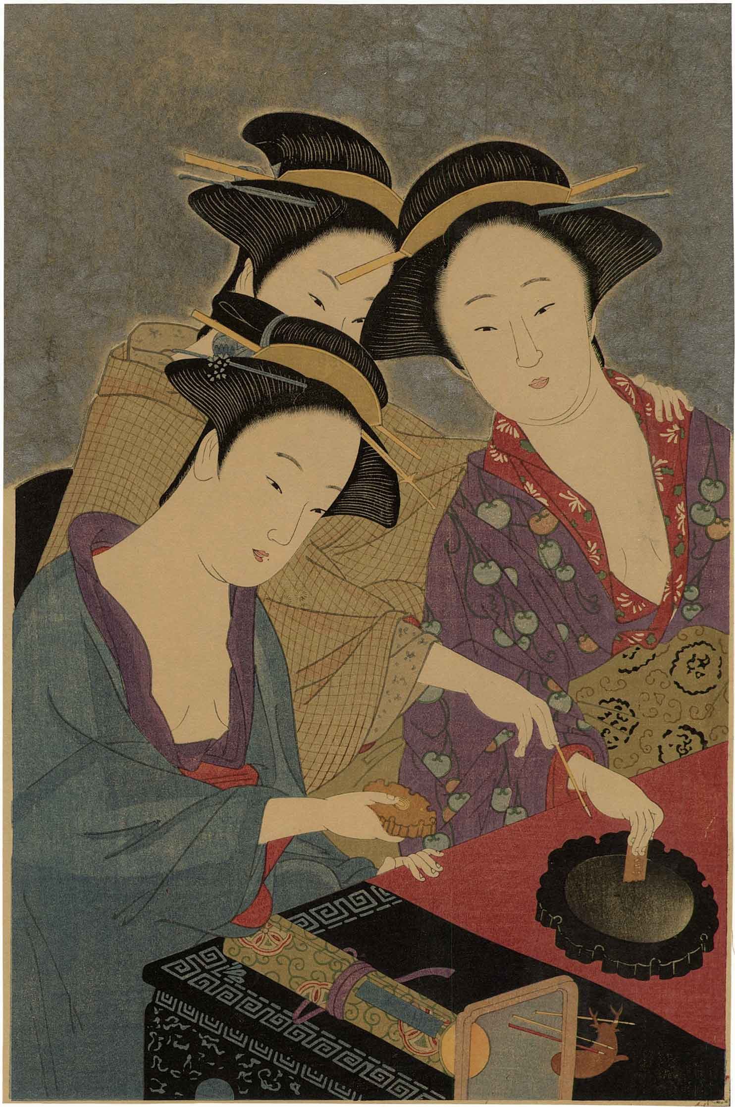 Shuncho Katsukawa: Three Women Woodblock NR: Japanese Woodblock Print, originally c.1800 this is a later Showa era edition from recarved woodblocks SIZE IN INCHES: oban, 10.25 x 15 inches COMMENTS: Very nicely printed older edition c.1920s, with