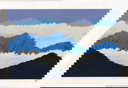 Tadashige Nishida -- Blue Landscape (Silver) 1999 1st Ed Woodblock