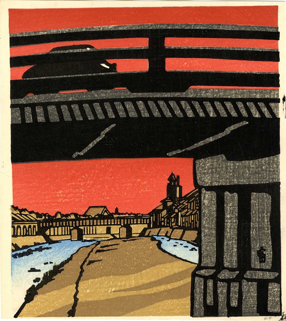 Tokuriki Tomikichiro: Sanjo Bridge 1950 Woodblock NR: Japanese Woodblock Print, c.1950; self published by Tokuriki Tomikichiro SIZE IN INCHES: shikishi, 10 x 11.5 inches COMMENTS: This design is known in several sizes and a variant with snow TOKURIKI TOM